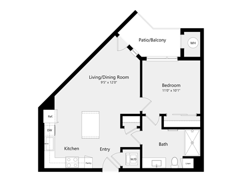 Floor plan for 1 bed, 1 bath, 652 sqft